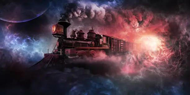 Surreal scene with old train runnin through nebulas