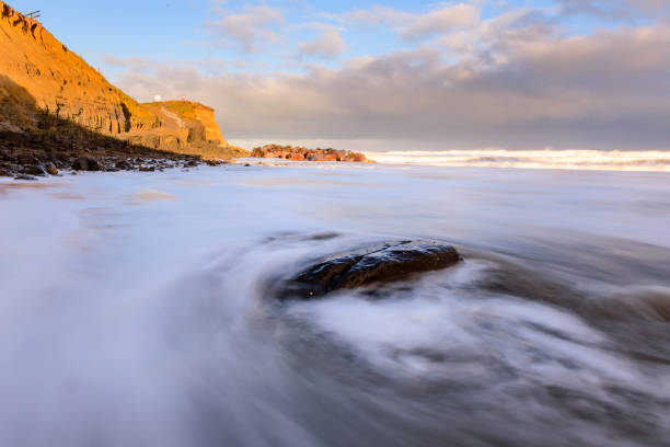 istock Dawn at Happisburgh beach VI Waves swooshing around rock near the cliffs ii 1408925636