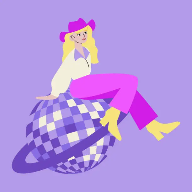 Vector illustration of Cowboy blonde girl sitting on the disco ball