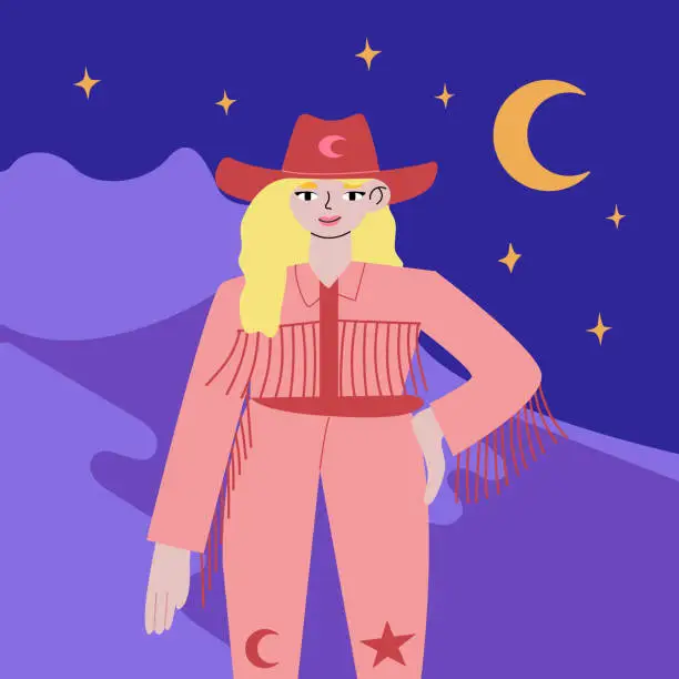 Vector illustration of Blonde woman with cowboy hat and jacket with fringe