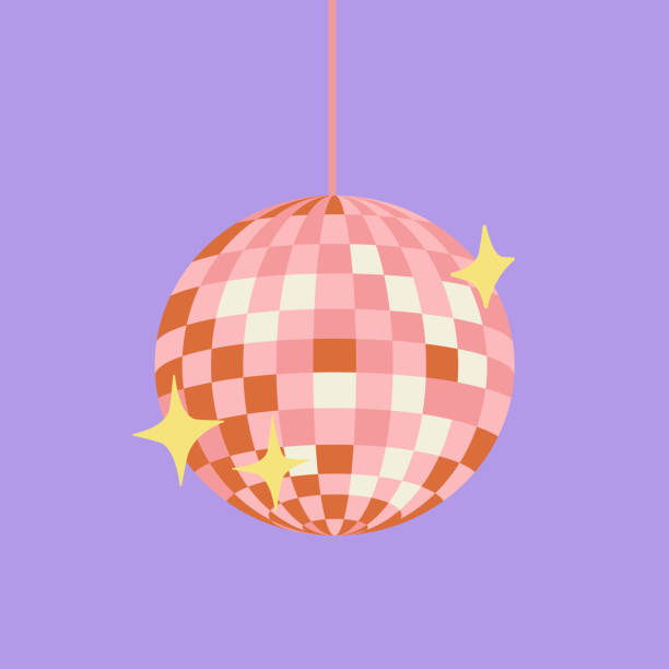Pink disco ball with stars Pink disco ball with stars. Vector flat illustration on purple isolated background. Template for greeting cards, posters disco ball stock illustrations