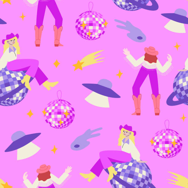 ilustrações de stock, clip art, desenhos animados e ícones de seamless pattern with cowgirls, disco balls, alien ship and stars - aliens and cowboys