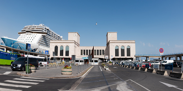 Naples, Italy. May 28, 2022. Panoramic view of Stazione Marittima terminal in Naples, with cruise ship docked