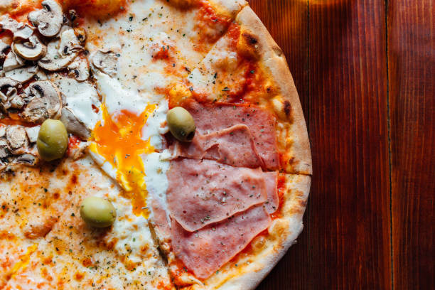 Four Seasons Pizza, Quattro Stagioni with 4 Types of Toppings with Salami, Tomato, Mushrooms, Meat and Mozzarella Cheese, Traditional Italian Flatbread