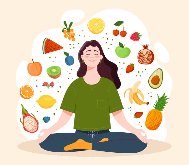 Mindful eating concept Mindful eating concept. Young woman, surrounded by tasty and healthy vegetables and fruits, sits in lotus position. Healthy daily diet and balanced lifestyle. Cartoon flat vector illustration healthy eating stock illustrations