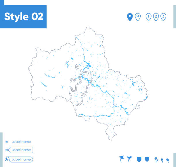 istock Moscow Region, Russia - stroke map isolated on white background with water and roads. Vector map 1408937565