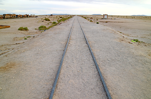 Aerial view Overland Passenger Train crossing dry salt lake on a raised stone causeway with remnant water pools. Train is heading towards the camera en route to Melbourne with yellow farmlands and low hills in the distance. ID & logos edited