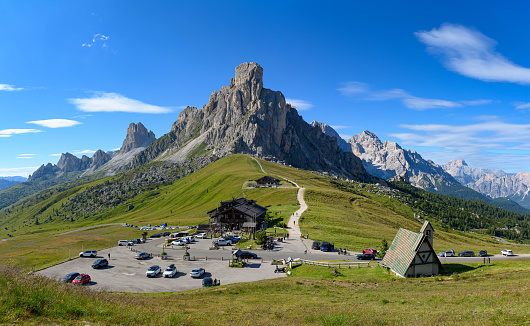 Stunning view of the Giau pass during a beautiful sunny day. The Giau Pass is a high mountain pass in the Dolomites in the province of Belluno, Italy.
