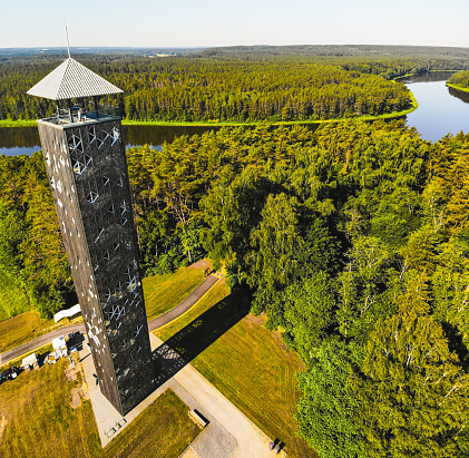 Aerial panoramic view famous observation viewpoint tower in Birstonas with Nemunas river in Lithuania