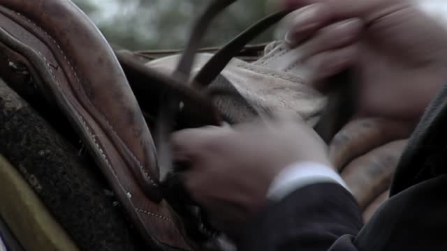 Man Hands Putting a Saddle on a Horse. Close Up.
