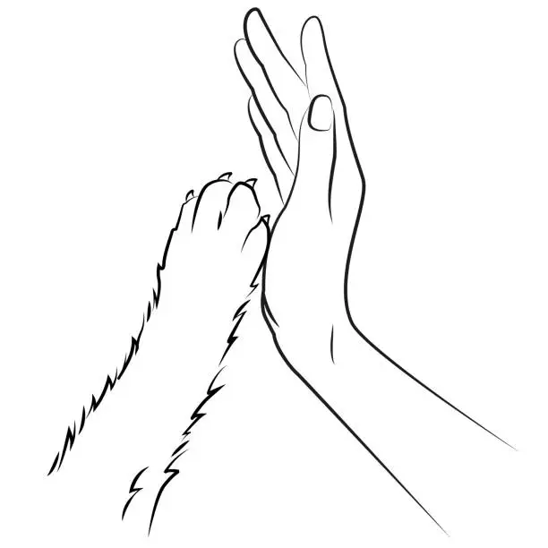 Vector illustration of Human hand and dog paw. Friendship