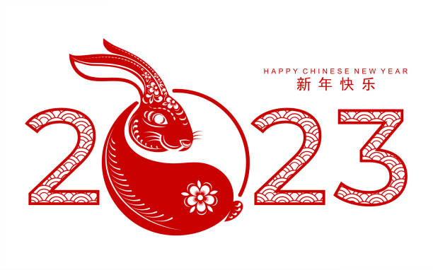 illustrazioni stock, clip art, cartoni animati e icone di tendenza di felice anno nuovo cinese 2023 anno del segno zodiacale del coniglio con fiore, lanterna, elementi asiatici stile di carta dorata tagliata su sfondo. (traduzione : felice anno nuovo) - anno del coniglio