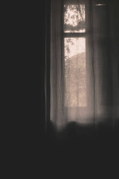 istock White curtain in dark room. 1408951336