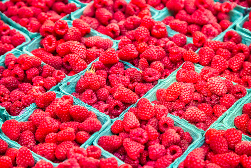 cartons of farmer's market raspberries close up