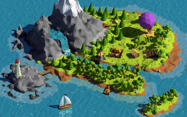 The image of the island with low-poly style, 3d rendering, illustration
