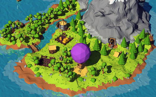 The image of the island with low-poly style, 3d rendering, illustration