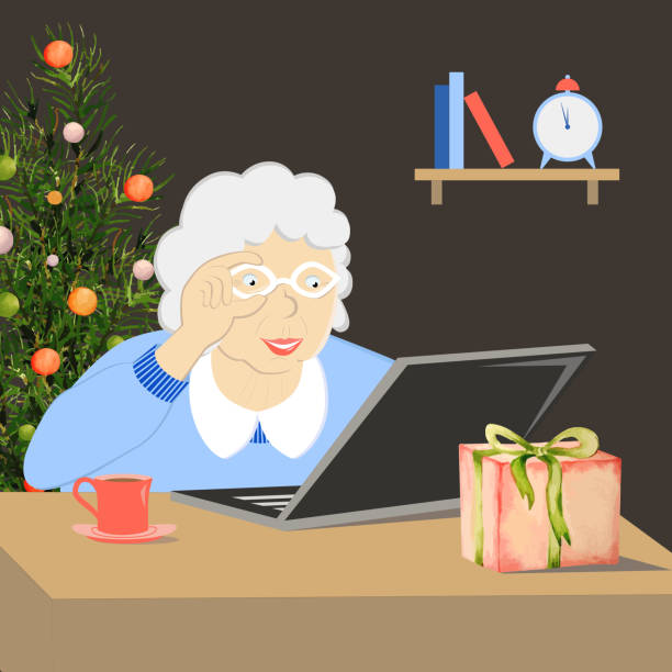 szczęśliwa babcia z laptopem - christmas tree family winter art stock illustrations