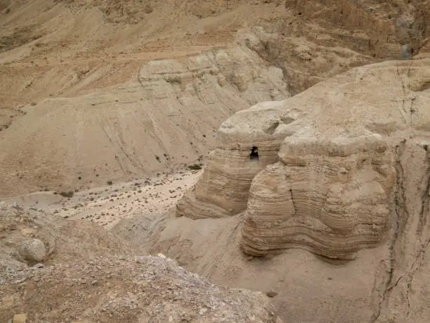 Cave in Qumran National Park an archaeological site near Dead Sea in Israel. Where the Dead Sea Scrolls were found. Cave 4