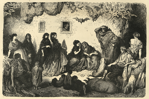 Vintage illustration, Women having fortune told by an old Granadian Romani, at Sacromonte, Granada, Spain, illustrated by Gustave Dore