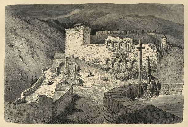 Crimson Towers, Torres Bermejas and Generalife, Alhambra, Granada, illustrated by Gustave Dore Vintage illustration, Crimson Towers, Torres Bermejas and Generalife, Alhambra, Granada, illustrated by Gustave Dore generalife gardens stock illustrations