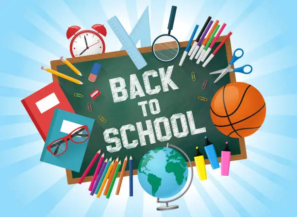 Vector illustration of Back to school with green chalkboard background and school items. Vector illustration