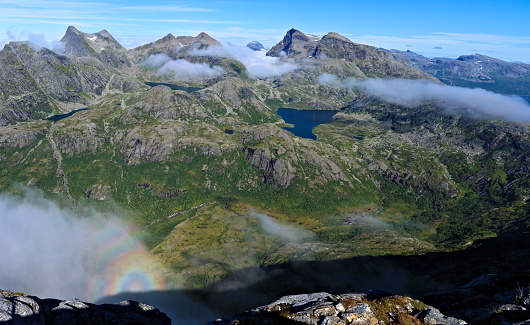 Landscape photography from top of mountain Heggmotinden, in Sjunkhatten National Park near city Bodø, Nordland, Norway