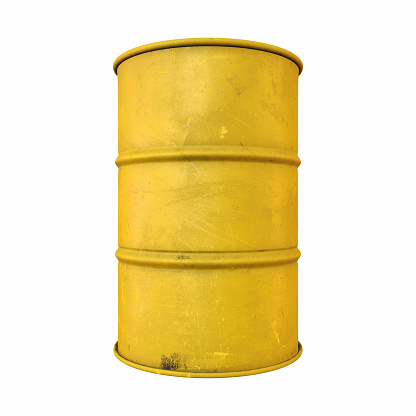 yellow metal barrel isolated on white background, 3d rendering, illustration
