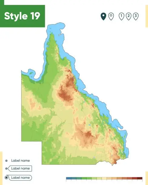 Vector illustration of Queensland, Australia - high detailed physical map. Vector map. Dem map.