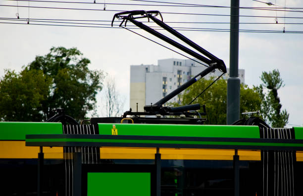 Pantograph on the tramway carriage roof top.