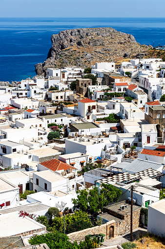 Wiew of Lindos white houses in Rhodes island, Greece.