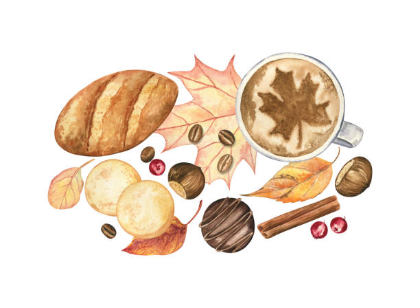 ilustrações de stock, clip art, desenhos animados e ícones de watercolor food illustration of a cup of coffee, bread, shortbread cookies, chocolate candy, cinnamon stick, berries and autumn leaves - still life white background high angle view directly above