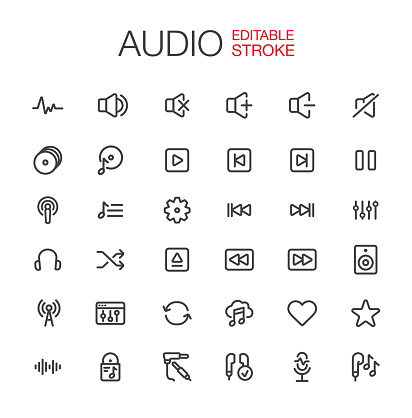 Audio Icons Set. Editable Stroke. Vector illustration. Thin line icons.