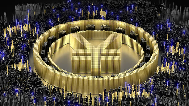 istock Japanese yen symbol in an abstract microstructure of black and gold blocks. 3d rendering image. Futuristic concept art. 1408971840