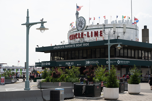 New York, NY, USA - June 3, 2022: Pier 83 building of the sightseeing cruise company Circle Line.