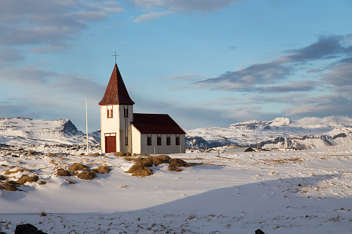 Hellnar Church and Snaefells peninsule  Glacier, Snaefellsnes, Iceland