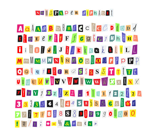 ilustrações de stock, clip art, desenhos animados e ícones de nnewspaper magazine alphabet collage abc handmade cutting text numbers and punctuation marks - paper alphabet script typescript