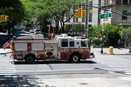 New York, NY, USA - June 10, 2022: FDNY Engine 47 in Morningside Heights.