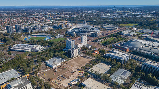 Aerial drone view of Sydney Olympic Park, an Inner West suburb of Sydney, NSW, Australia on a sunny day
