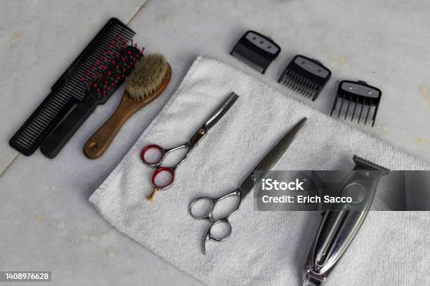 Barbershop Utensils Arranged On A Bench In Novo Hamburgo Stock Photo - Download Image Now