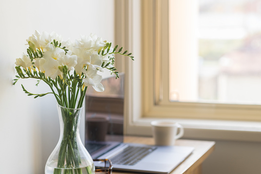 Closeup of white freesia flowers in glass vase with computer on desk in background next to window (selective focus)