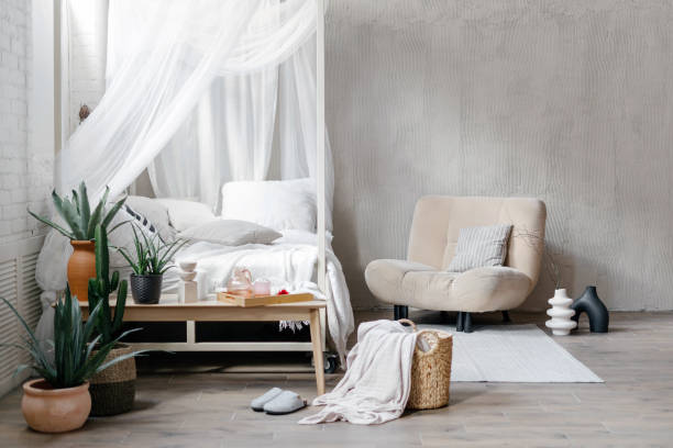 istock Light cozy bedroom interior in boho chic style 1408980863