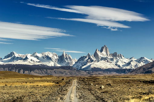 View of the Mt. Fitz Roy (3,405 masl), Mt. Torre (3,125 msal) and Mt. Saint Exupery (2558 msal), world famous called 