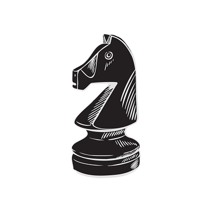 Knight chess piece in the sketch style. Black horse. Vector hand-drawn illustration.