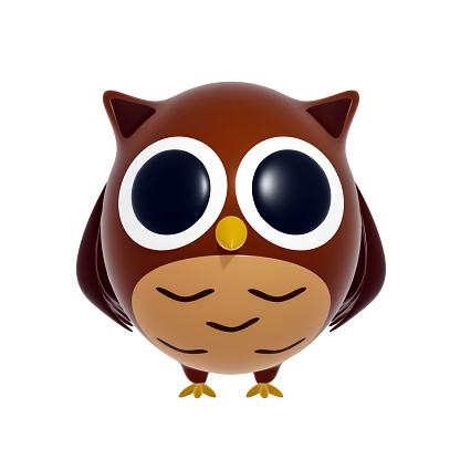 Cartoon plastic brown cute owl with big eyes isolated on white background, 3d illustration