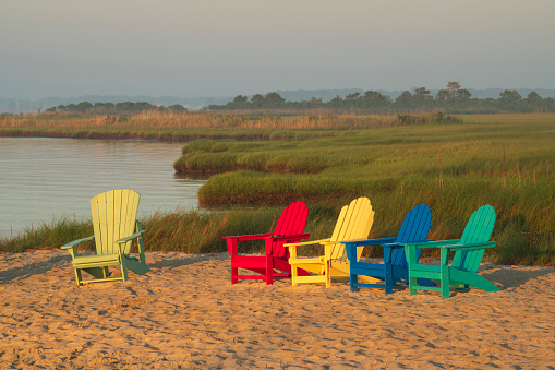 Chairs on beach at Indian River Bay, Delaware, USA