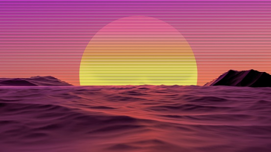Futuristic retro landscape sun in the sea and mountains with blur. Minimalistic retro style futurism with neon lights. Banner retro wave sun and mountains.3D render.
