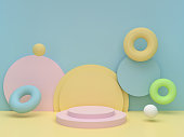 istock Step stage podium with colorful pastel rings on blue background. Pedestal for kid product presentation. Geometric 3D render 1409000286