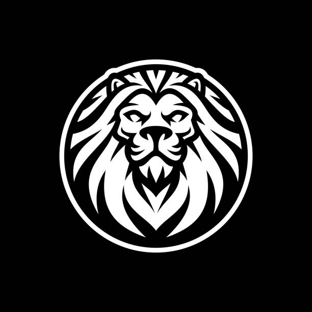ライオンの頭と円のエンブレムのロゴデザイン。暗い背景にライオンベクターイラスト - pride of lions点のイラスト素材／クリップアート素材／マンガ素材／アイコン素材