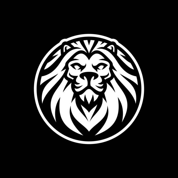 Lion head and circle emblem logo design. Lion vector illustration on dark background Lion head and circle emblem logo design. Lion vector illustration on dark background lion animal head mascot animal stock illustrations