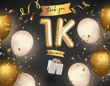 1k, 1000 followers thank you with gold balloons and golden confetti. Illustration 3d render for social network friends, followers, web user Thank you celebrate of subscriber, followers, likes